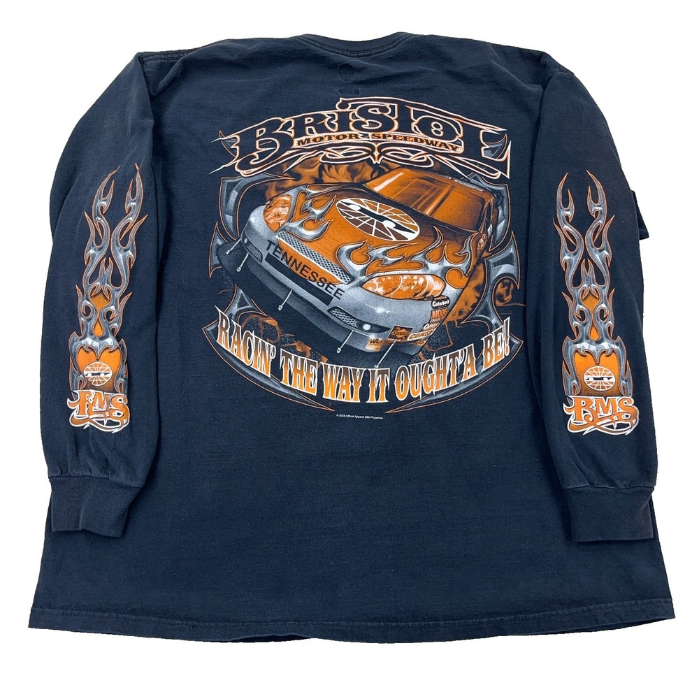 Vintage Y2K Bristol Motor Speedway Shirt Men XL Black Fire Flames Biker Nascar *